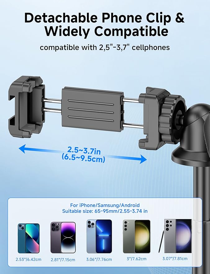 Aluminum Selfie Stick Phone Tripod, 360° Ball Head Selfie Stick for iPhone with Cold Shoe, Extendable Smartphone Tripod Stand with Remote Portable Travel Tripods Compatible with iPhone 16/15/Android