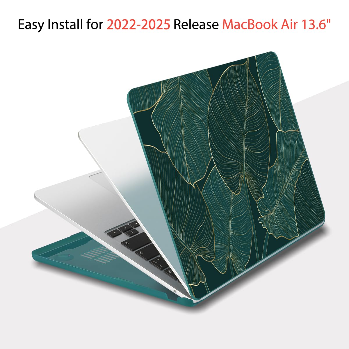 Teryeefi Compatible with MacBook Air 13.6 Case M2 M3 M4 2022-2024 2025 Release (Model:A2681 A3113/A3240), Plastic Hard Shell Cover with Screen Protector & Keyboard Cover & USB 3.0 Adapter, Green Leaf