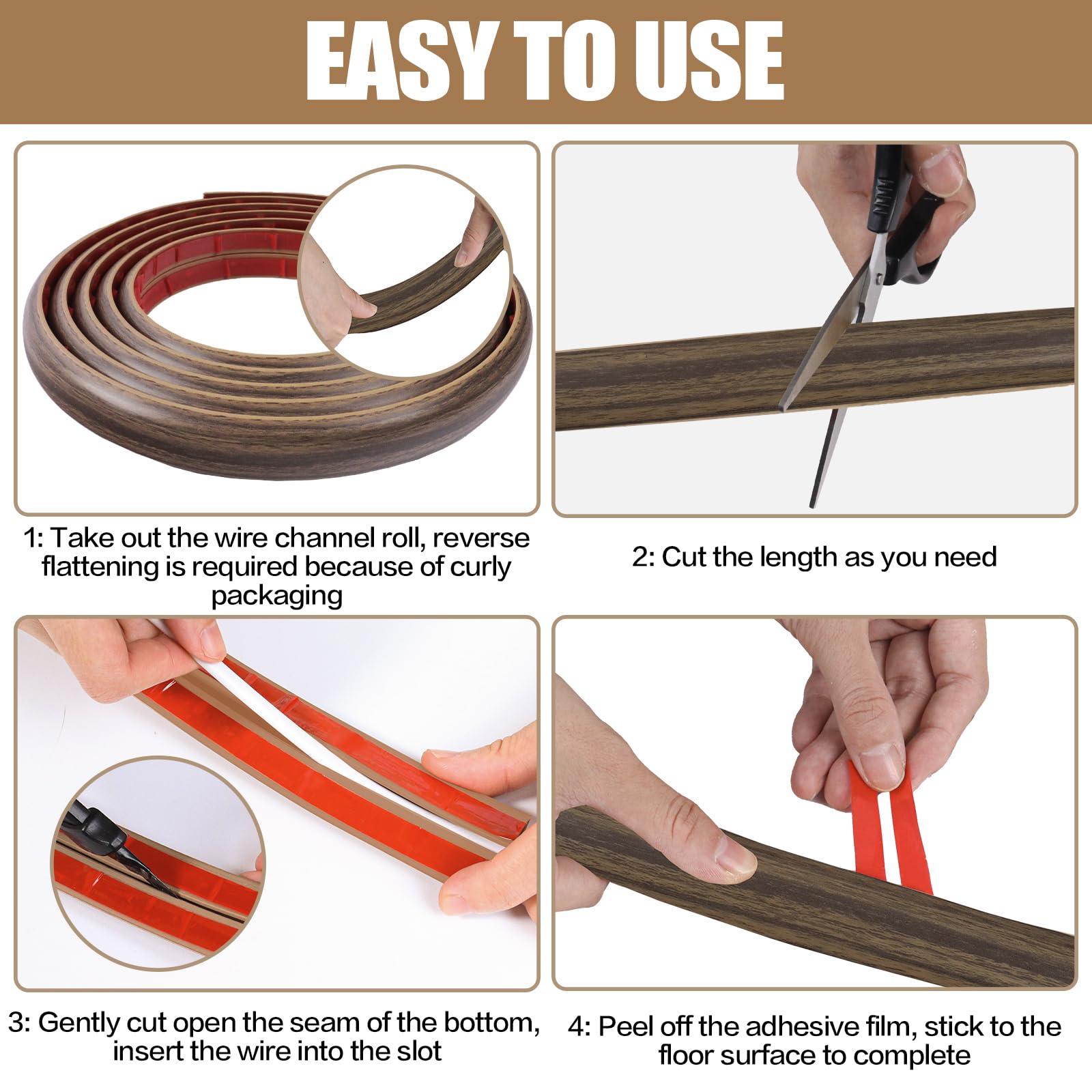 Floor Cord Cover Self Adhesive Cord Hider,10FT Cable Management, Extension Strip Protector for Wires, Prevent Cable Trips for Offices, Gyms, Exhibitions Cavity:0.51"(W) x 0.3"(H) Wood Walnut