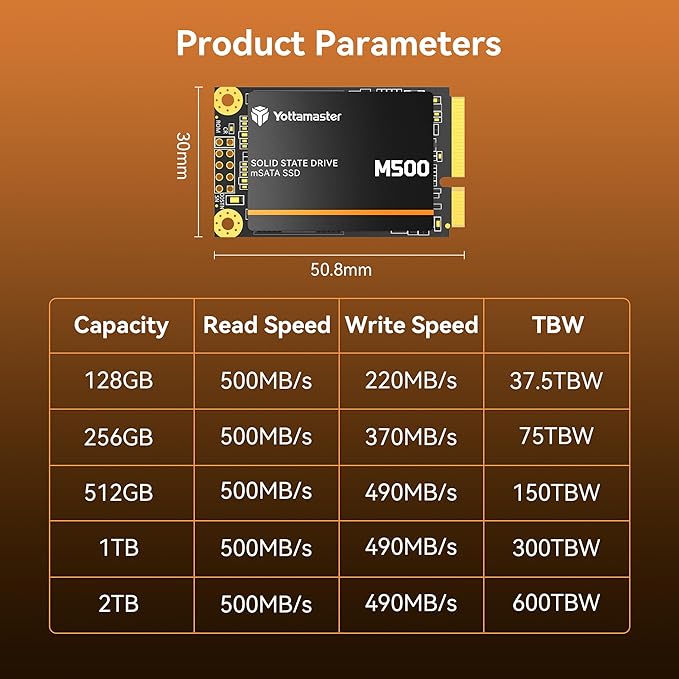 Yottamaster M500 128GB mSATA SSD SATA III 6Gb/s, mSATA Internal Solid State Drive Up to 500MB/s, Mini-SATA with 3D NAND, Compatible with Ultrabooks Desktop PC Laptop, All-in-One PCs, 30x50mm