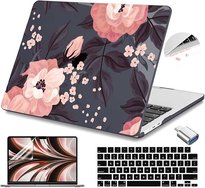 Teryeefi Compatible with M4 MacBook Air 13 inch Case 2025 2024 2023 2022 M3 M2 A3240 A3113 A2681,Hard Shell Case for MacBook Air 13.6 inch + Keyboard Cover + Type C Adapter, Wild Roses Small Flower