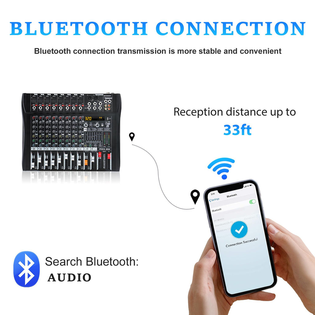MICNAUX Audio Mixer 8 Channel Professional Mixer Console with 320 DSP Effects, 7-band EQ Sound Mixing Board Digital DJ Mixer w/USB Bluetooth MP3 for Recording, Independent 48V Power & Mute Button