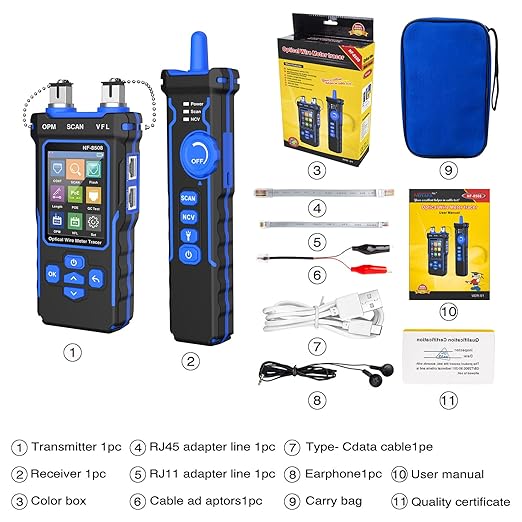 NOYAFA NF-8508 Network Cable Tester with Optical Power Meter, CAT5 CAT6 Cable Toner Ethernet Cable Tester, RJ45 Network Tester, VFL PoE QC Test Wire Tracer Port Flashing 200M Length Test