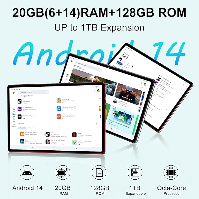 Android 14 Tablet 10 Inch Tablets, 20GB+128GB/1TB Expandable, Tablets with Octa-Core, WiFi 6, Dual Camera, BT 5.0, 6000mAh Battery, HD IPS Display, Widevine L1, Tablet with Keyboard Mouse - Rose Gold