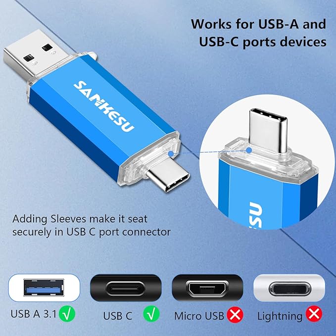 3.0 USB C Flash Drive, USB-A & Type-C OTG Thumb Stick, Dual Memory Sticks Compatible with PC/Laptop/Type C Cell Phone and Tablet (Blue/Blue, 512GB)