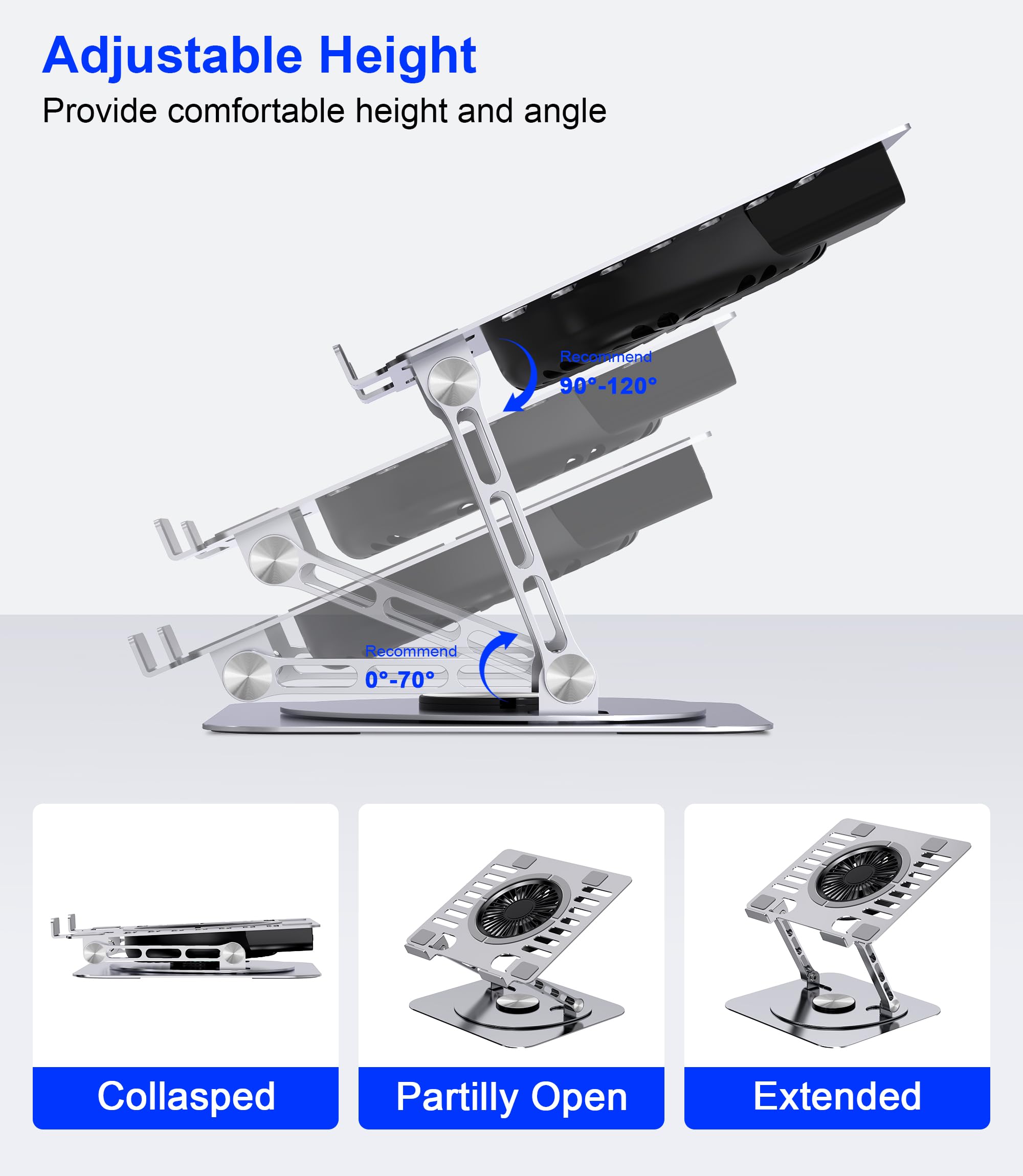 YTech Laptop Stand,with 360°Rotating Base,External Cooling Fan,Adjustable RGB Lighting,Ergonomic Foldable Notebook Computer Holder.Compatible with All 10-17" Laptops Tablets,Silver
