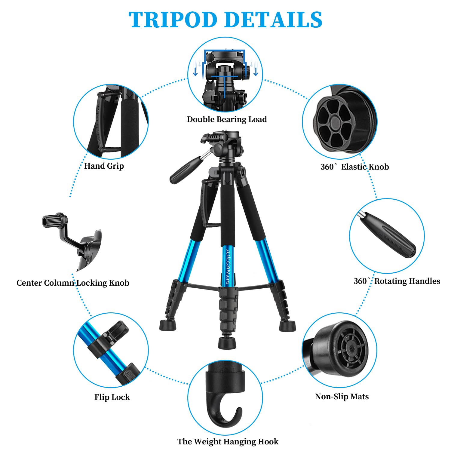 JOILCAN Tripod Camera Tripods, 74" Tripod for Camera Cell Phone Video Recording, Heavy Duty Tall Camera Tripod Stand, Professional Travel DSLR Tripods Compatible with Canon iPhone, Max Load 15 LB