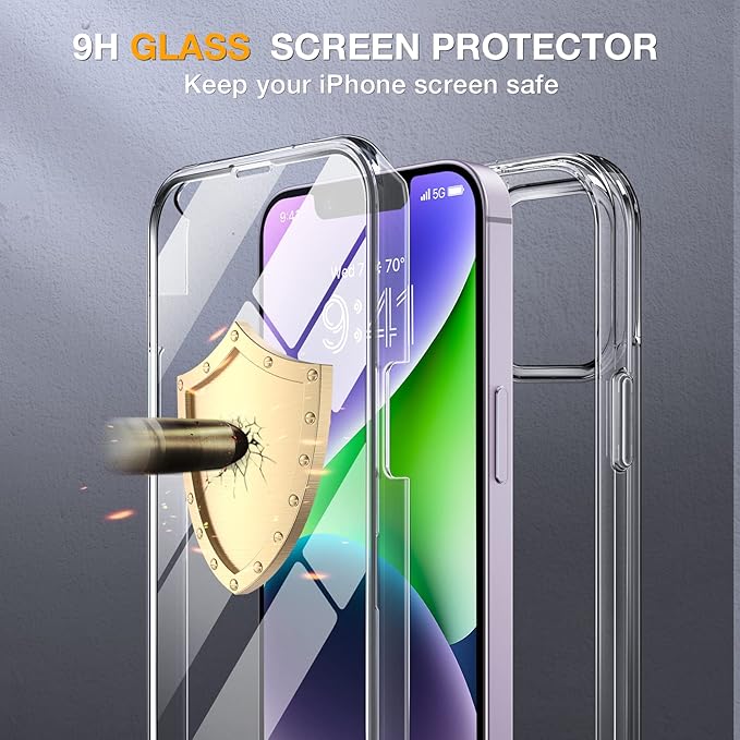 Miracase Class Series for iPhone 14 Case 6.1 inch, [Built-in Tempered Glass Screen Protector] [Bubble Free] Full-Body Protective Bumper Phone Case with Camera Lens Protector, Clear
