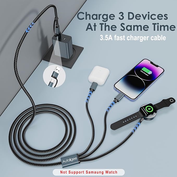 2Pack 4FT Upgraded 3 in 2 Multi Charging Cable for Apple Watch Charger Travel Essentials iWatch Charger Fast Charging Compatible with iWatch Ultra/SE/10/9/8/7/6/5/4/3/2/1,iPhone16/15/14/13/Galaxy S24