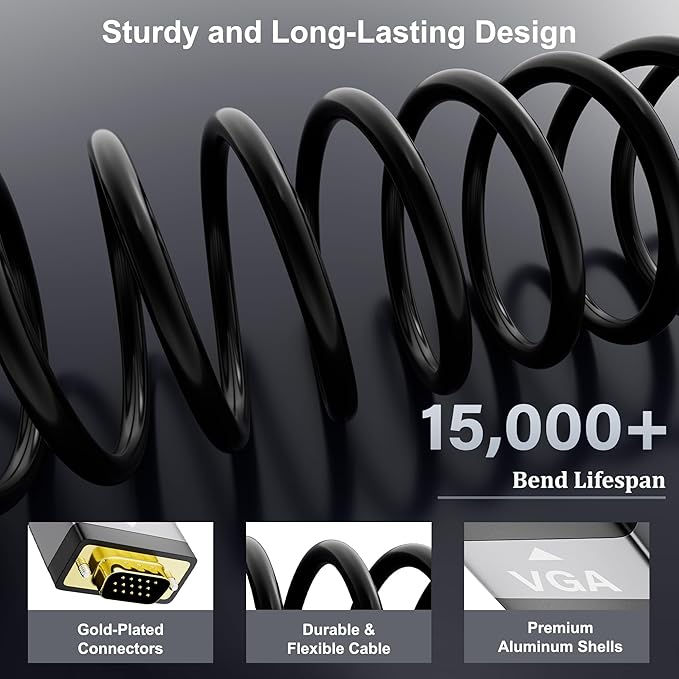 HDMI to VGA Cable 15 FT, Uni-Directional HDMI (Source) to VGA (Display) Cable, Black Male to Male Cord, Gold-plated Connectors, Aluminum Shells, for PC, Desktop, Laptop, Monitor, Projector, HDTV, Xbox
