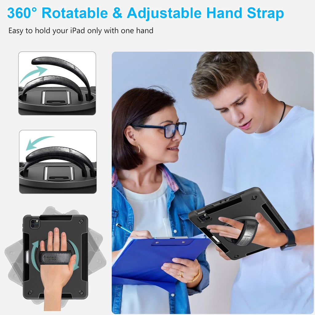 Case for iPad Pro 11 Inch 2022/2021/ 2020/2018: Cover for iPad 11 Inch 4th/ 3rd/ 2nd/ 1st Generation with Screen Protector- Stand- Handle- Shoulder Strap- Pencil Holder Black