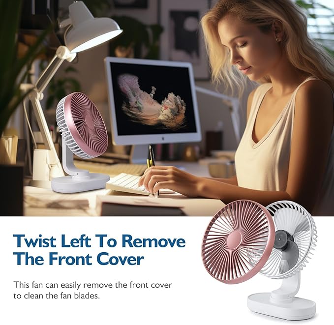 CONBOLA Small Desk Fan for Bedroom, 4000mAh Battery Powered Rechargeable Fan, 90° Vertical Manual and 120° Oscillating Fan, 4 Speeds Quiet Air Circulator Table Fan for Home Office, Pink