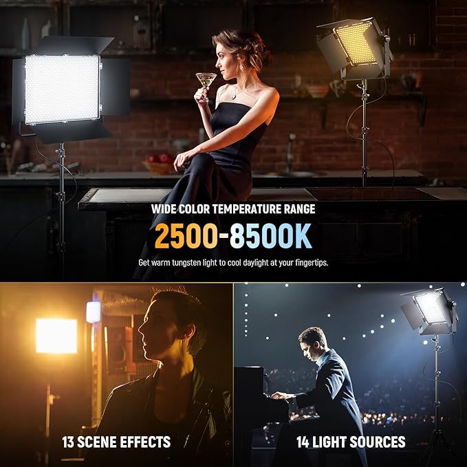 NEEWER 150W Bi Color LED Panel Video Light Kit, 1440 LEDs 49500Lux@0.5m 2500K-8500K CRI96+/TLCI97+ 0-100% Dimming APP/2.4G/Panel/DMX Control for Pro Studio Photography Recording Stage Lighting, AP150B