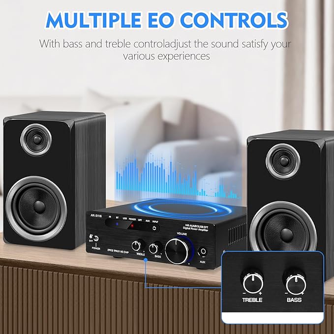 Amplifier Home Audio,Stereo Receiver Bluetooth 5.0 Power amp 100W x2 Wireless HiFi Stereo Class D Digital 2 Channel Integrated with Bass Treble Control for Passive Speakers
