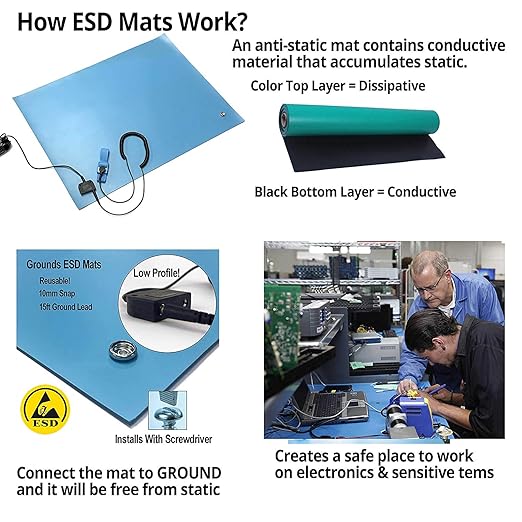 RubberStat Dual Layer ESD Compliant Workstation Rubber Table Mat Kit, Soldering, Cell Phone Repair, with Wrist Strap Set and Ground Cord - 30"x48" Green