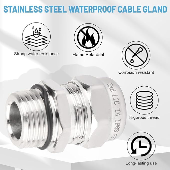 NPT 1/2" Stainless Steel Waterproof Cable Gland IP68 Waterproof Cable Gland Adjustable 6-12mm Cable Gland Protectors - 2 Pcs