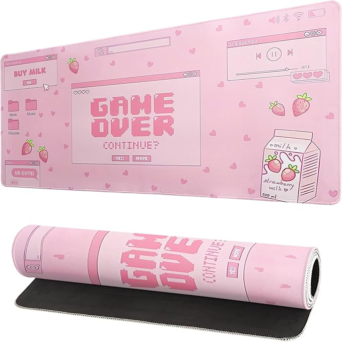 Pink Gaming Mouse Pad 31.5x11.8 Inch Pastel Game Over Large Mousepad Kawaii Office Decor for Women Non-Slip Rubber Base Stitched Edges Keyboard Mouse Mat Desk Pad for Office Home and Game
