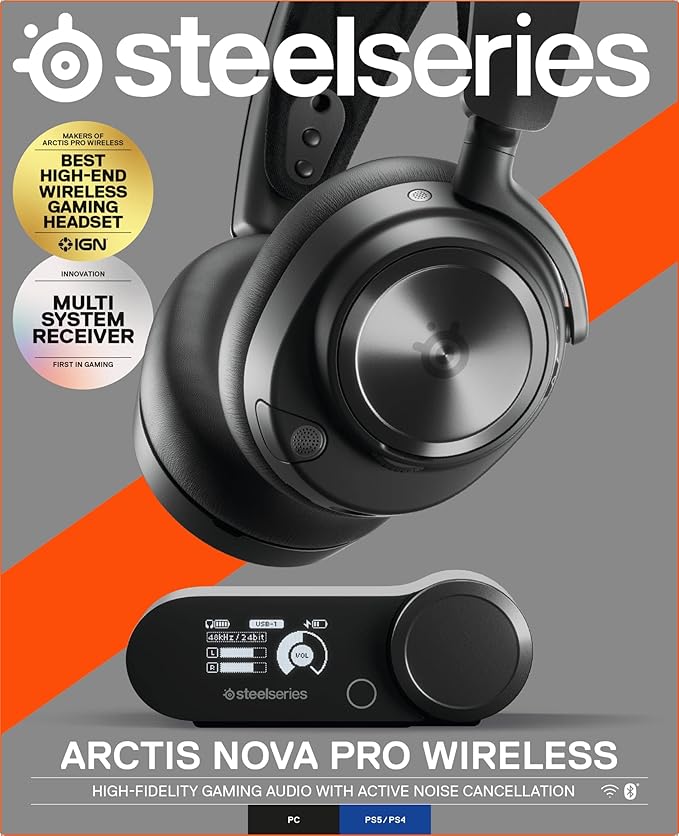 SteelSeries Arctis Nova Pro Wireless Multi-System Gaming Headset - Premium Hi-Fi Drivers - Active Noise Cancellation - Infinity Power System - Stealth Retractable Mic - PC, PS5/PS4, Switch, Mobile