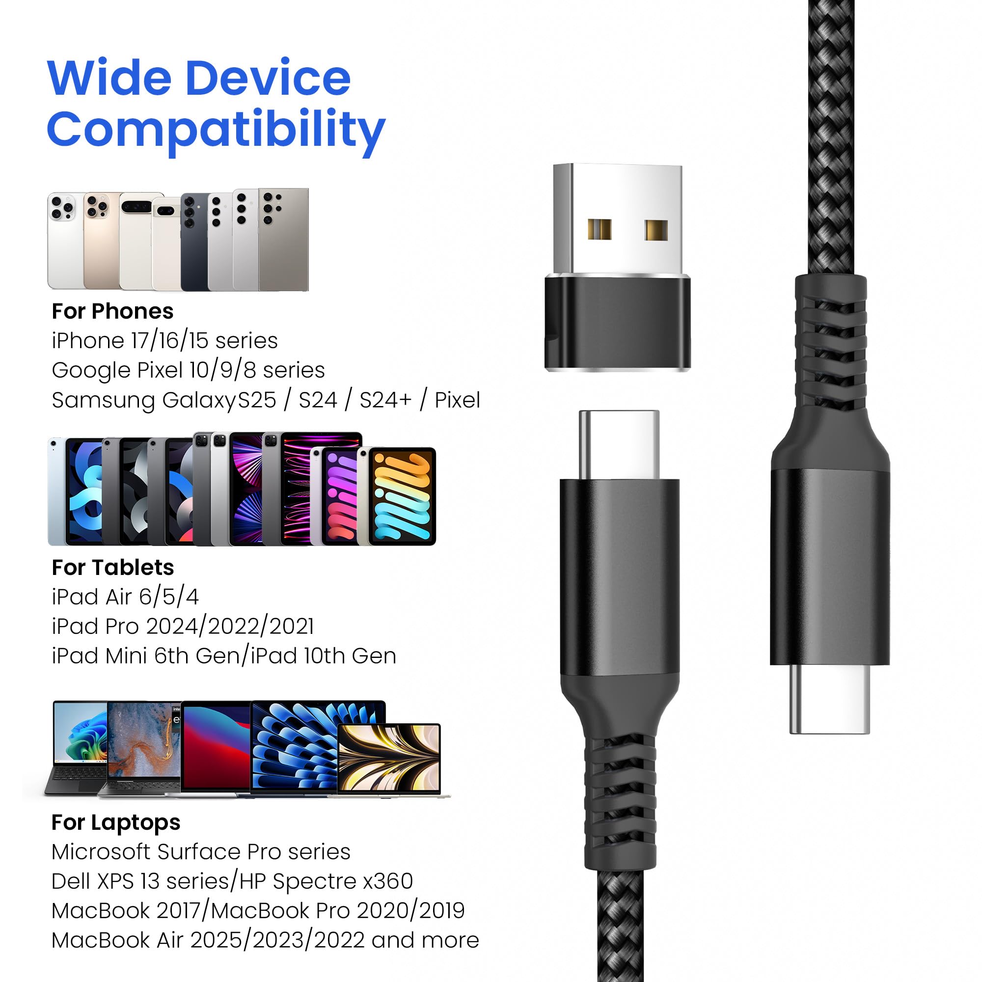 Elebase for Samsung Z Fold Flip 7 USB C Charging Cord 6.6FT with Adapter