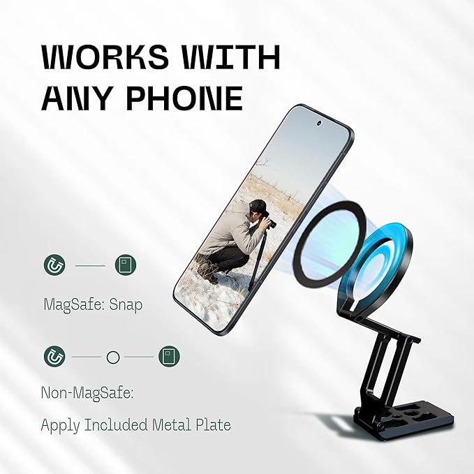 FANAUE MT-05 Magnetic Phone Stand Compatible with MagSafe iPhone Holder for Desk, 360°Rotation Foldable Cell Phone Stand Compatible for iPhone 16 15 14 13 12 Pro Max and MagSafe Case, Black