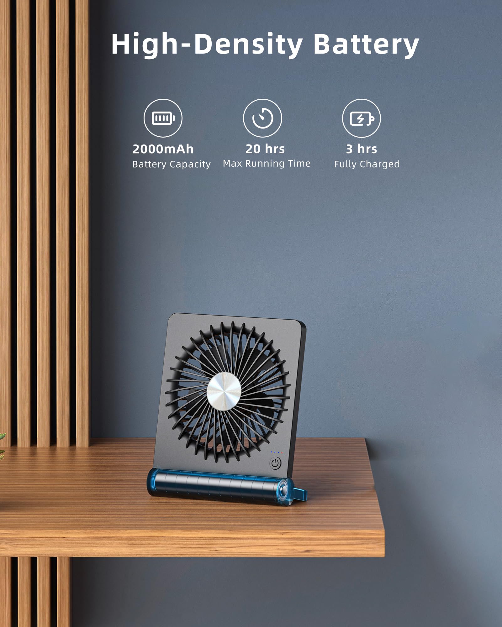 Koonie Portable Desk Fan, 3.5-20hrs Battery Operated Small USB Fan with Ultra Quiet 220° Tilt Folding, Rechargeable Personal Fan with 3 Speeds Strong Wind for Home Office Desktop, Black