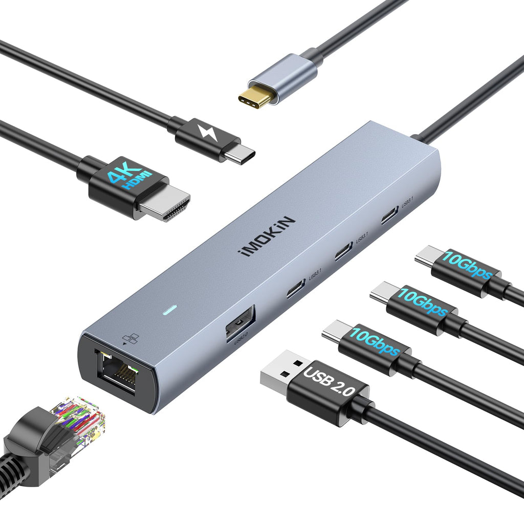 MOKiN 10Gbps USB C Hub Ethernet, 7 in 1 USB C Adapter for MacBook Pro/Air with 4K@60HZ HDMI, 3*USB-C 10Gbps Data, RJ45, USB 2.0, 100W PD, USB C Dongle for MacBook Pro/Air/Dell/HP/Thinkpad/Lenovo.