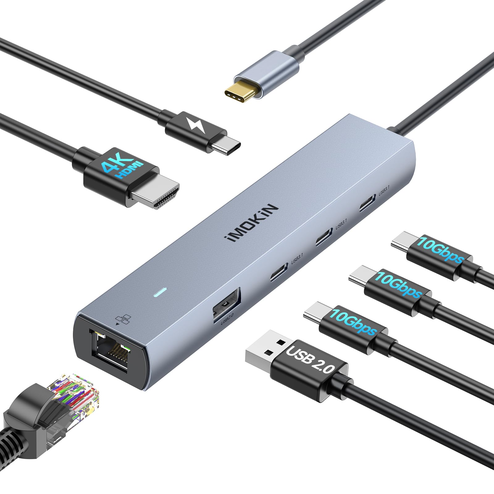 MOKiN 10Gbps USB C Hub Ethernet, 7 in 1 USB C Adapter for MacBook Pro/Air with 4K@60HZ HDMI, 3*USB-C 10Gbps Data, RJ45, USB 2.0, 100W PD, USB C Dongle for MacBook Pro/Air/Dell/HP/Thinkpad/Lenovo.