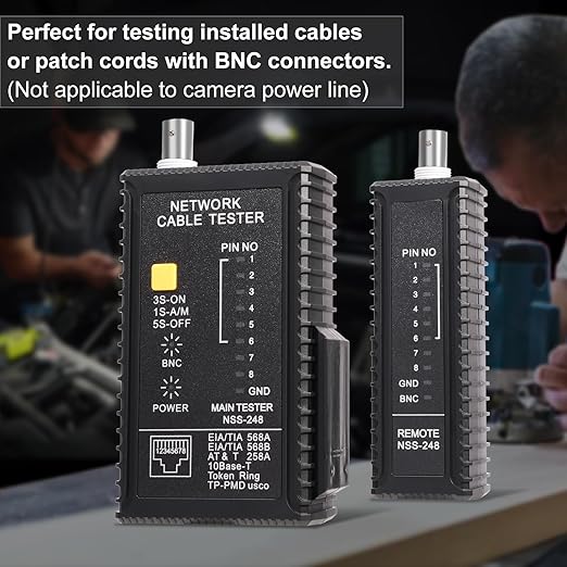 Dual-Function Coaxial & RJ45 Network Cable Tester with 2-Pack BNC Male to F Female Adapters, CAT5/CAT6/Coax Continuity Checker (Battery Not Included)