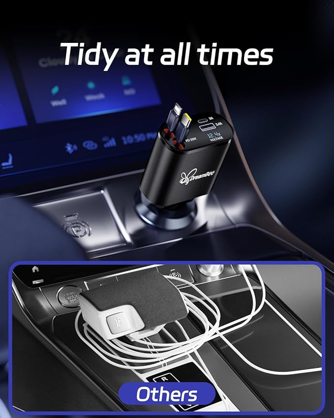 DreamBee Retractable Car Charger,66W 4 in 1 Super Fast Charge Car Phone Charger,Retractable Cables (31.5 inch) and 2 USB Ports Car Charger Adapter for iPhone 15/14/13/12 Pro Max XR,iPad,Samsung-Black