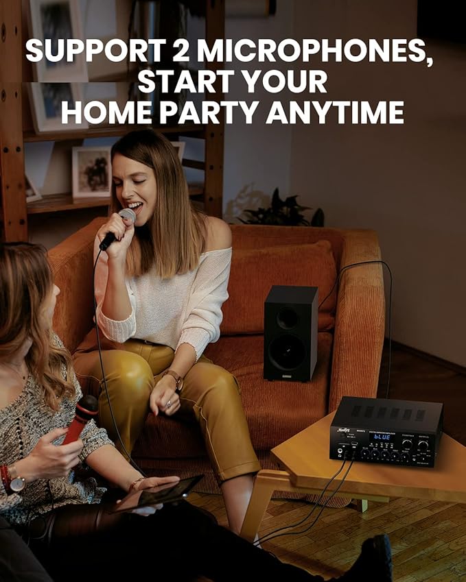 Moukey Stereo Receivers with Bluetooth 5.0, 400W 2.0 Channel Power Audio Amplifier Stereo System w/USB, SD, AUX, RCA, MIC in w/Echo, LED for Karaoke, Home Theater Speakers - MAMP1