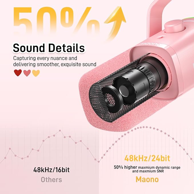 MAONO XLR/USB Gaming Microphone Kit: Dynamic PC Mic for Streaming Podcasting, Software Support, Mute Button, Gain Control, RGB Computer Mic with Boom Arm Stand, for Recording, PS4/PS5, PD100XS Pink