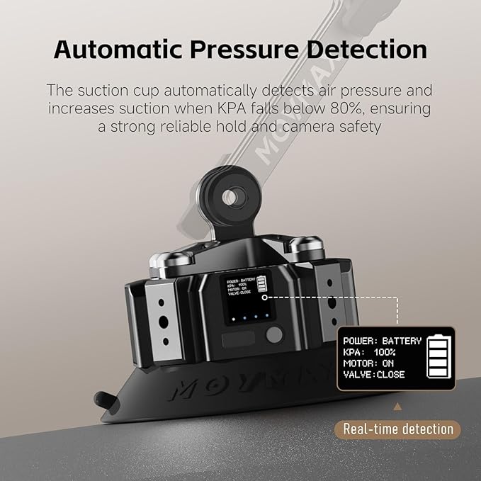 MOVMAX Blade Arm Solar Powered Electronic Suction Kit, Shock Absorber Arm Car Mount for DJI Pocket 3, GoPro Hero 13, 360 Action Cameras with Auto Pressure Detection & LCD Display, Pocket 3 Accessories