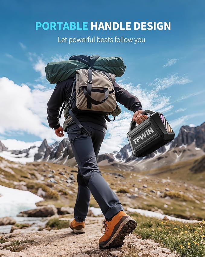 Portable Bluetooth Speaker - 80W Peak Loud Speakers, 20H Playtime for Outdoor Adventure, Lightshow, TWS, Deep Bass, BT 5.3 Wireless, IPX6 Waterproof for Travel Hiking Camping Beach Pool - Black