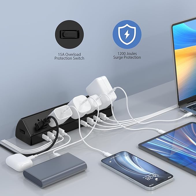 45W Fast Charging Station,Desk Clamp Power Strip,4 PD USB-C Ports,5 AC Outlets,Surge Protector Power Strip, 14AWG Heavy Duty Cord, Fits 1.9" Tabletop Edge (Black, 20 FT Cable)