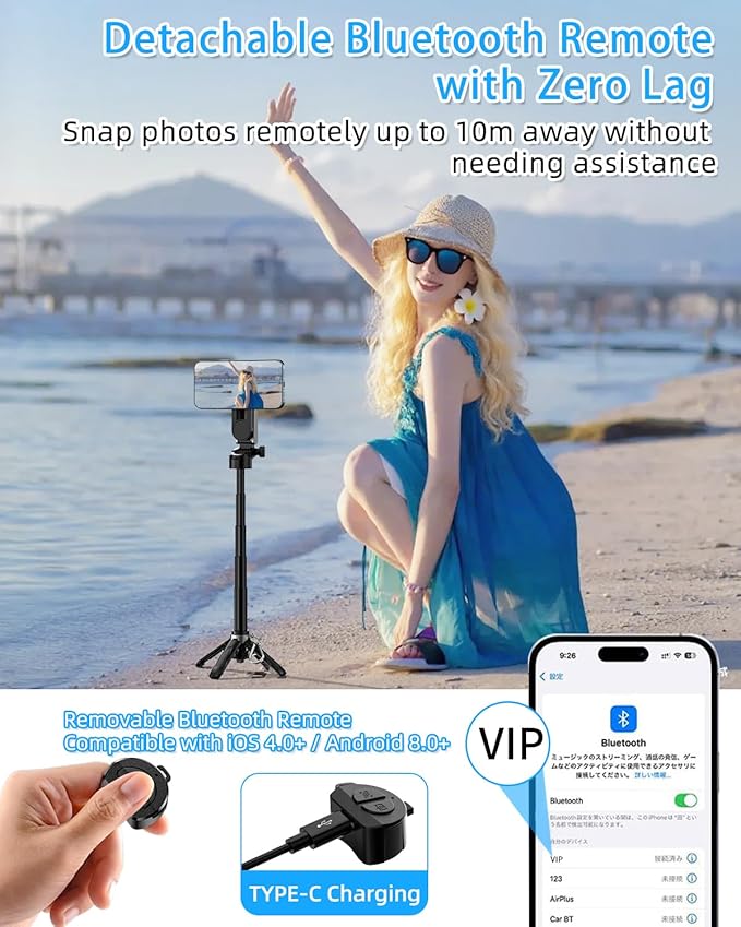 CloudValley Magnetic 4-in-1 Multifunctional Selfie Stick Tripod, Mini Portable Pocket Phone Stand with Detachable Remote, Compatible with MagSafe, for iPhone/Android, Travel Vlog, Live Stream, Black