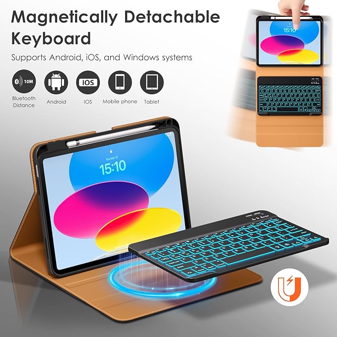 DTTO for iPad 11th (A16,2025)/ 10th Generation (10.9",2022) Case with Keyboard, 7 Colors Backlit Wireless Detachable Keyboard Premium Leather Folio Cover with Pencil Holder & Pocket, Black