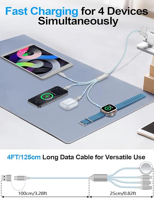 4-in-2 Charging Cable for Apple Watch Charger/Samsung/iPhone Charger,Car/Office/Camping/Travel Essentials,Type C Cable Multi Cord for iWatch Ultra/10-2/iPhone 16-11/Samsung S25-S20,iPad,airPods-Blue