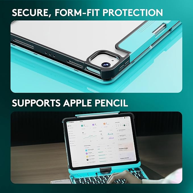 KITONE Transparent Case with Wireless Keyboard for iPad 10.2-in (7th, 8th, and 9th Gen), 7 Colors Backlight, Trackpad, 360°Rotating Stand, Tech Style
