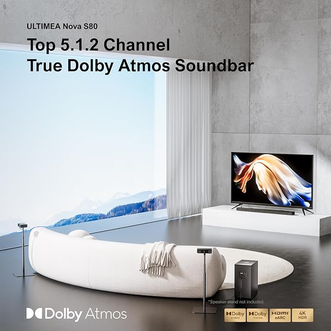 ULTIMEA 5.1.2 Dolby Atmos Soundbar with 8" Wireless Subwoofer, Upward-Firing Drivers, Home Theater Surround Sound System for TV, 4K HDR, Nova S80 (2025 Upgraded Speakers)