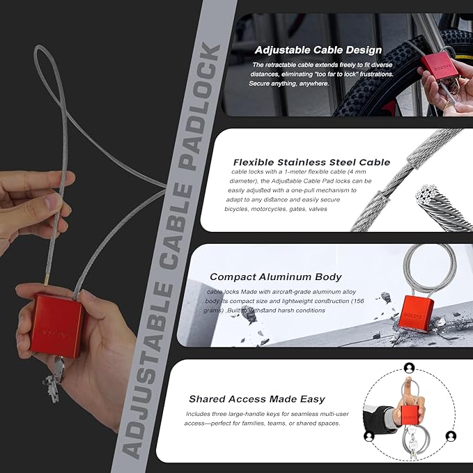 Cable Lock with 3 Keys | L 6.56ft(2m),D 1/6in(4mm) Adjustable Steel Cable Padlock | Aluminum Locks for Bikes, Gate, Lockers & Outdoor Gear | Weatherproof& Silver