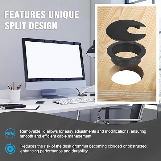 2" Black Desk Grommet, JTemgle Plastic Cable Hole Cover Computer Table Cord Wire Organizer Caps Desktop Cord Management for Home Office TV Stands Tabletops, 10 Pieces
