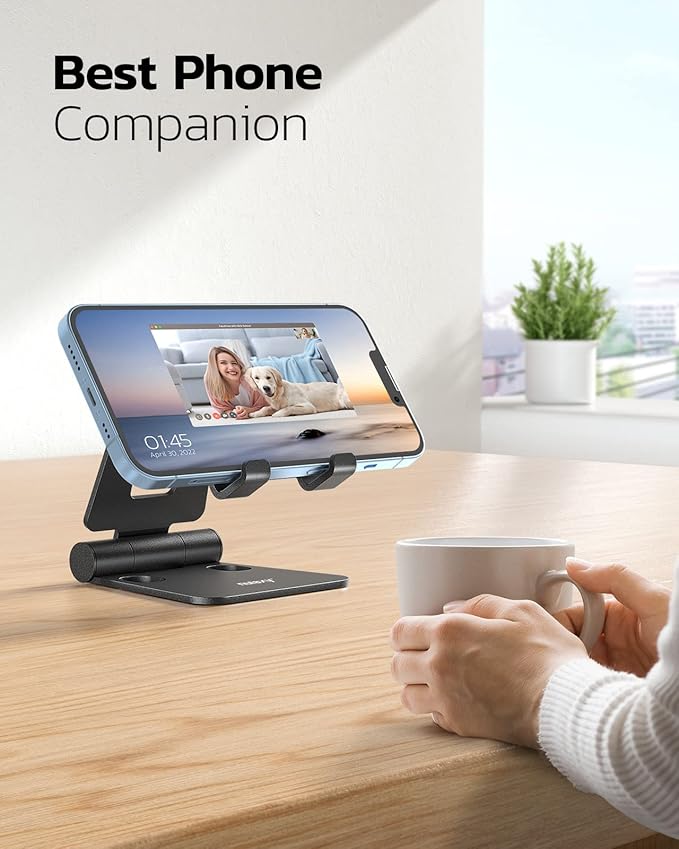 Nulaxy 2 Pack Dual Folding Cell Phone Stand, Fully Adjustable Foldable Desktop Phone Holder Cradle Dock Compatible with iPhone 17 16 15 14 13 12 Pro Max Xs Xr X 8, All Phones, Black