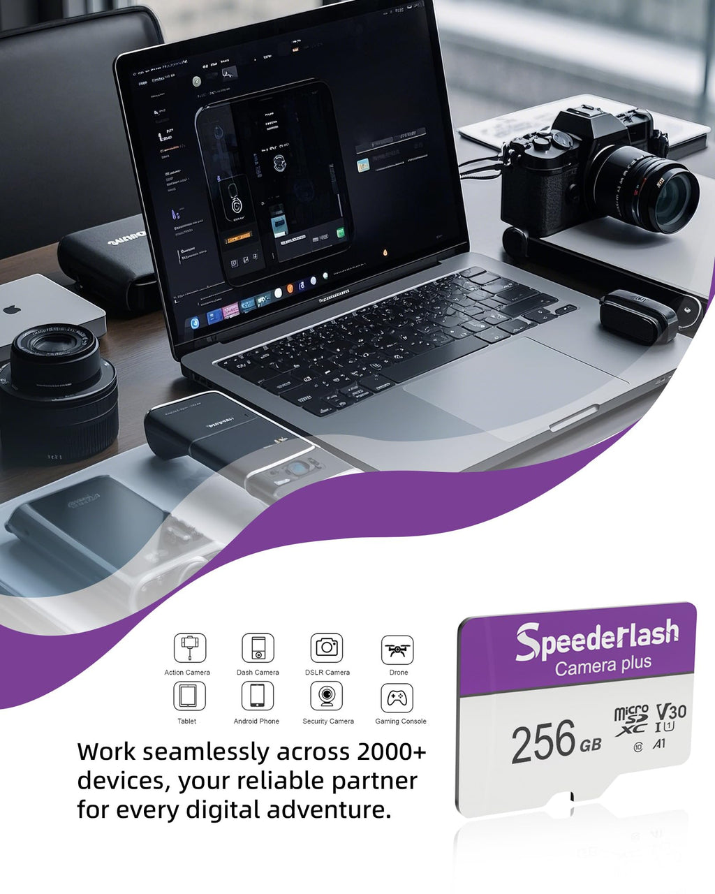 Micro SDXC Memory Card 256GB-Speederlash Camera Plus TF Card with Adapter, Up to 100MB/s Read Speed, 4K UHD&5K Video Support, U1, V30, A1 Rated, Waterproof, for Security Camera, Dashcam