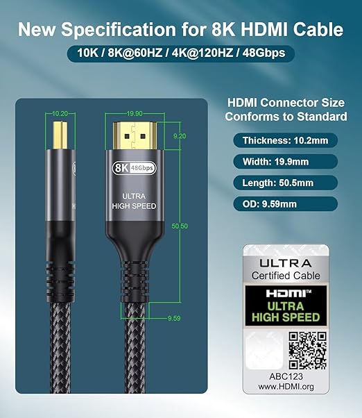 Certified 10K 8K HDMI 2.1 Cable 5 FT, 48Gbps Ultra High Speed HDMI Cable with Ethernet 4K 240Hz 165Hz 144Hz 120Hz 8K60Hz eARC HDCP2.3 HDR10+ PC Laptop TV Monitor Projector