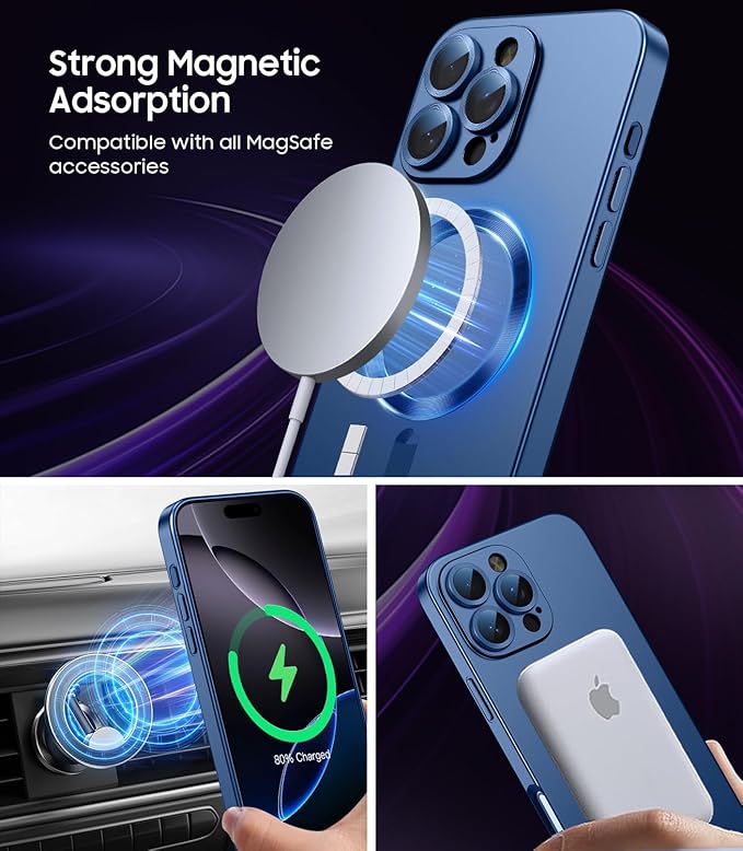 Magnetic for iPhone 16 Pro Case [Compatible with MagSafe][Built-in Camera Lens Protector] Slim Soft Silicone Bumper Shockproof Metallic Luster Phone Case (Blue)