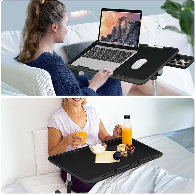 Laptop Lap Desk with Cooling Fan - Adjustable with Light, USB, Storage Drawer - Folding Bed Desk,22.04"*12.59",Black