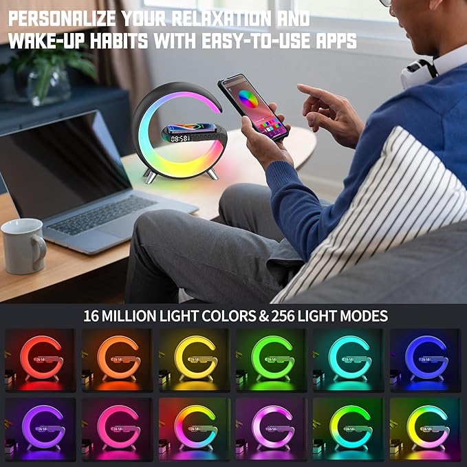 Smart Table Lamp with 4-in-1 Wireless Charger, Night Light, Bluetooth Speaker, Alarm Clock, App Control, Office, Bedroom, Home Decor (White)