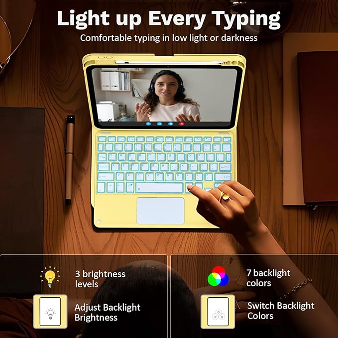 MoKo Touch Keyboard Case for iPad (A16) 11th Generation 11 inch 2025, iPad 10th Generation 10.9 inch Case with Pencil Holder, 7 Colors Backlit Multi-TrackPad Detachable Bluetooth Keyboard,Light Yellow