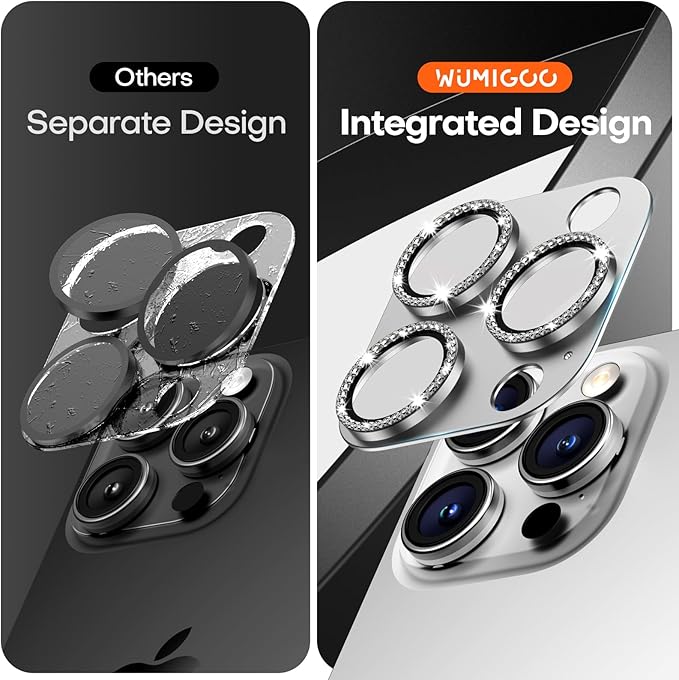 Camera Lens Protector for iPhone 16 Pro Max/16 Pro/15 Pro Max/15 Pro/14 Pro Max/14 Pro, Aluminum Alloy Sapphire Glass Camera Screen Cover, Case Friendly-Silver Diamond