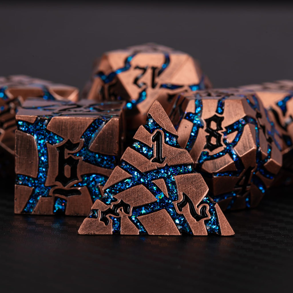 Maywin Cracked Rune Metal Dice Set for DND & RPG – Dark Fantasy Fractured Design, Premium Heavy Metal Polyhedral Dice with Deep Engraved Numbers, 7-Piece Set – Blue Arcane Vein